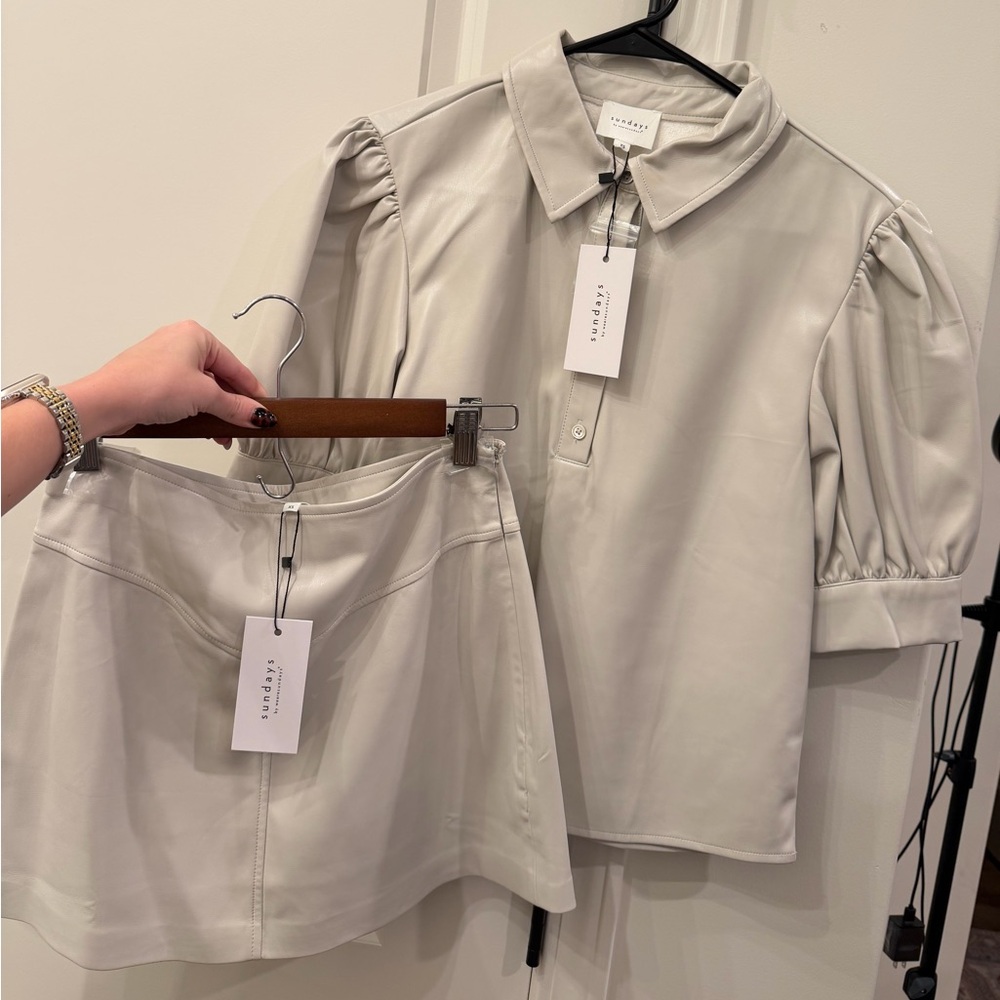 Sundays Cream Leather Blouse and Skirt Set